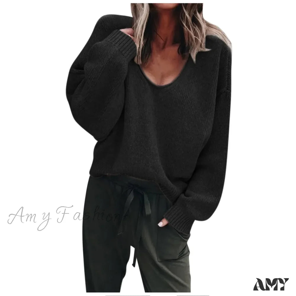 Spring Knitting Black V-Neck Long Sleeve Casual Loose Elegant Sweater