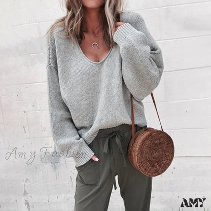 Spring Knitting Black V-Neck Long Sleeve Casual Loose Elegant Sweater Grey / S