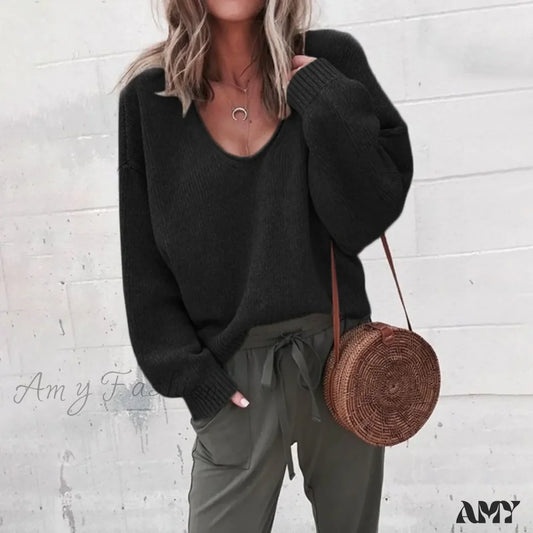 Spring Knitting Black V-Neck Long Sleeve Casual Loose Elegant Sweater / S