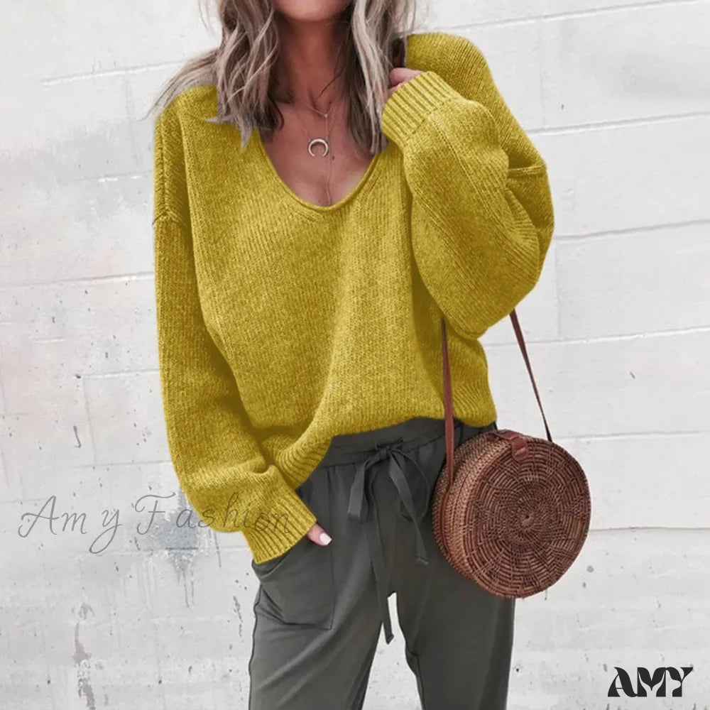 Spring Knitting Black V-Neck Long Sleeve Casual Loose Elegant Sweater Yellow / S