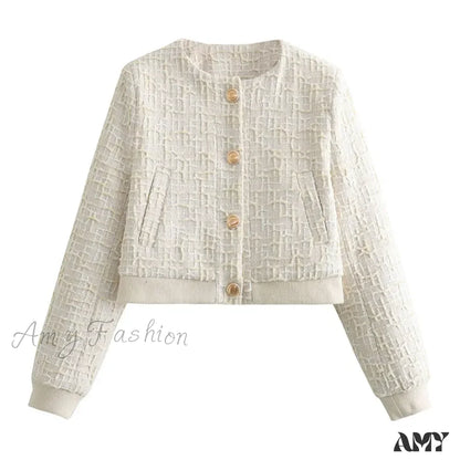 Spring Solid Loose Single Breasted Cropped Cardigan Pockets Coat Beige / S