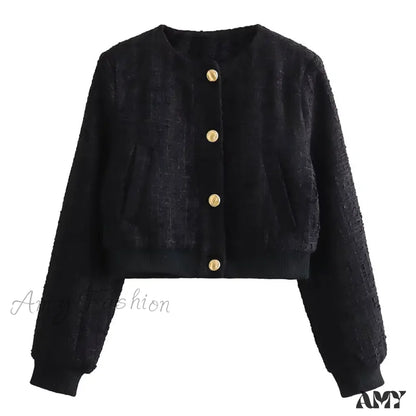 Spring Solid Loose Single Breasted Cropped Cardigan Pockets Coat Black / S