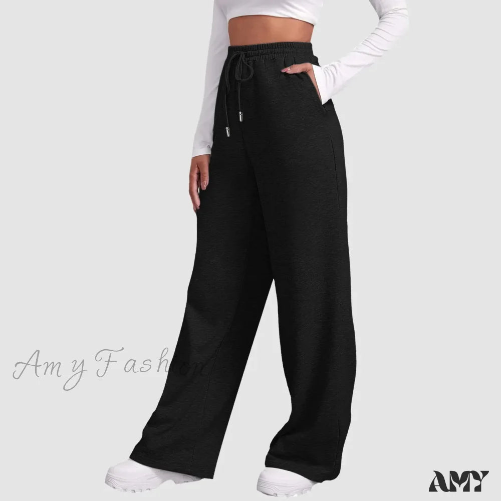 Spring Summer Wide High Waist Loose Straight Casual Solid Trouser Black / S