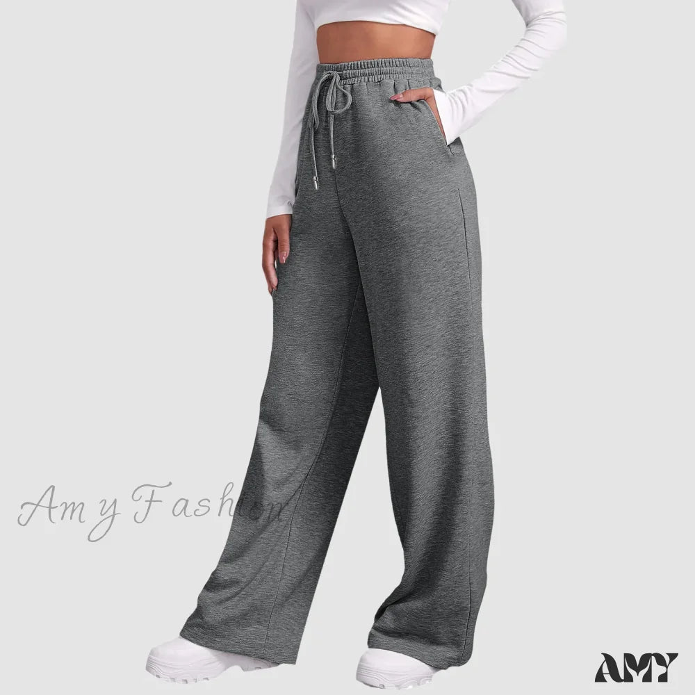 Spring Summer Wide High Waist Loose Straight Casual Solid Trouser Grey / S