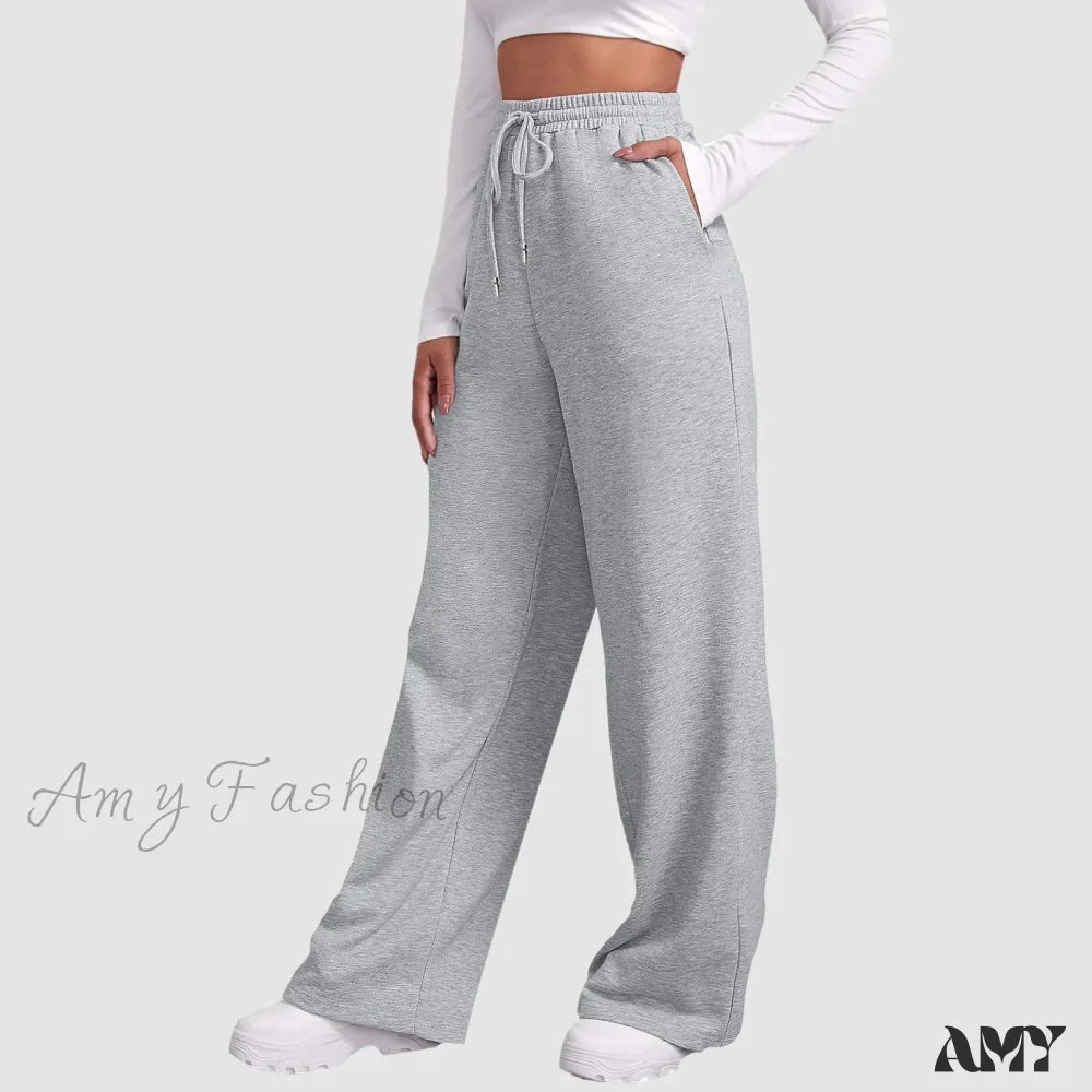 Spring Summer Wide High Waist Loose Straight Casual Solid Trouser Silver / S