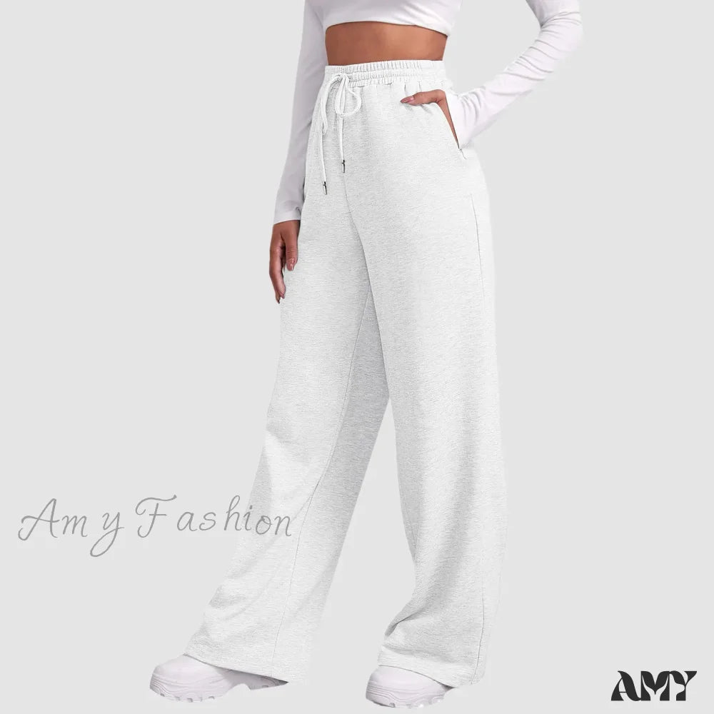 Spring Summer Wide High Waist Loose Straight Casual Solid Trouser White / S