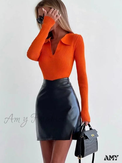 Spring Women’s Knitted Blouse Long Sleeve Polo Collar Slim Stylish Cozy Trendy Comfortable