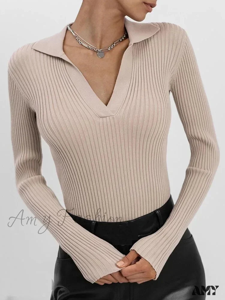 Spring Women’s Knitted Blouse Long Sleeve Polo Collar Slim Stylish Cozy Trendy Comfortable