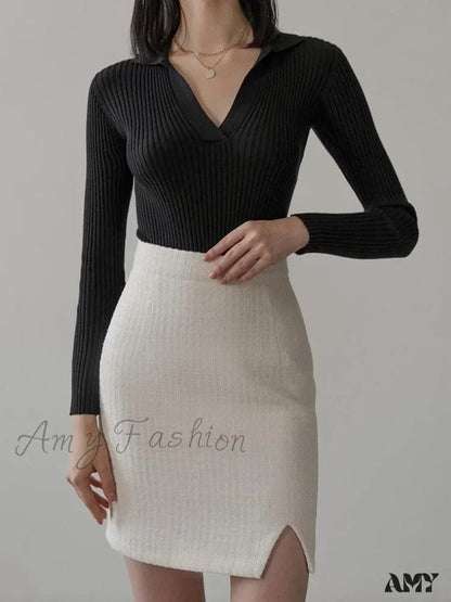 Spring Women’s Knitted Blouse Long Sleeve Polo Collar Slim Stylish Cozy Trendy Comfortable