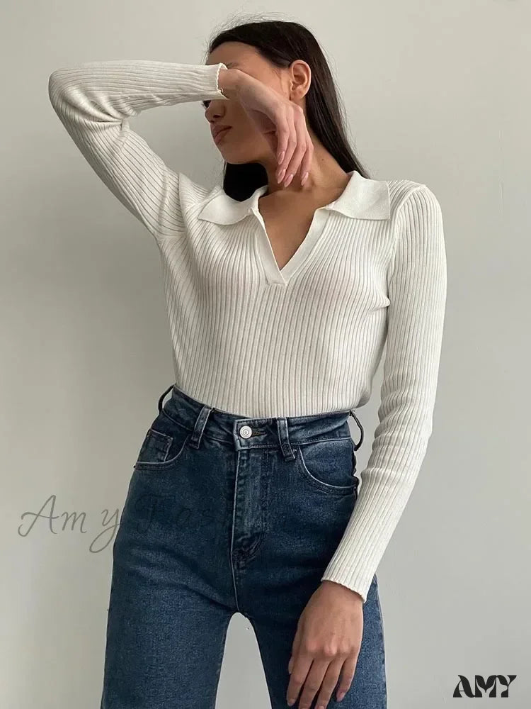 Spring Women’s Knitted Blouse Long Sleeve Polo Collar Slim Stylish Cozy Trendy Comfortable