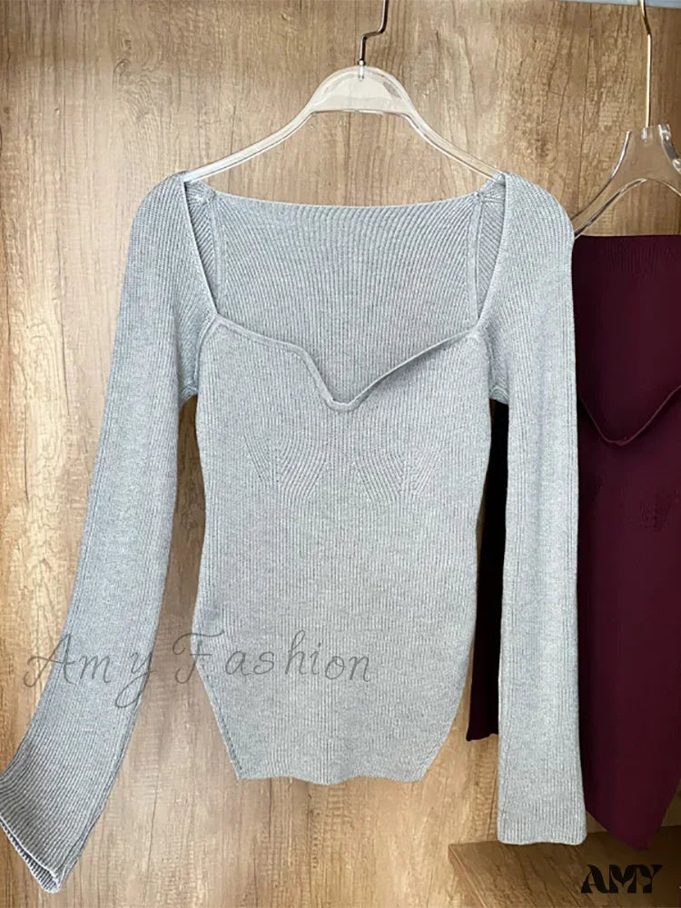 Square Collar Long Sleeve Woman Knitted Pullover Spring Autumn Winter Tops Black White Sweater Gray