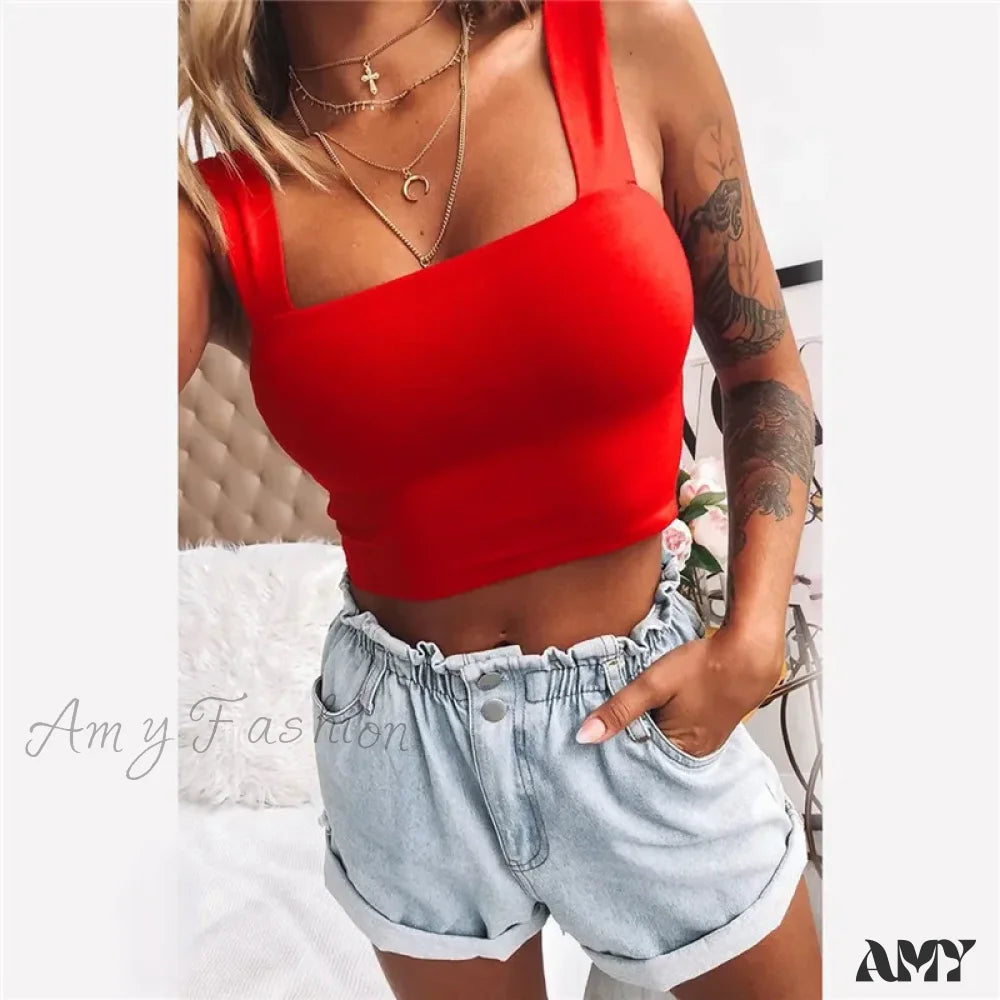 Square Neck Sleeveless Summer White Black Casual Basic Off Shoulder Backless Crop Top Red / Xs