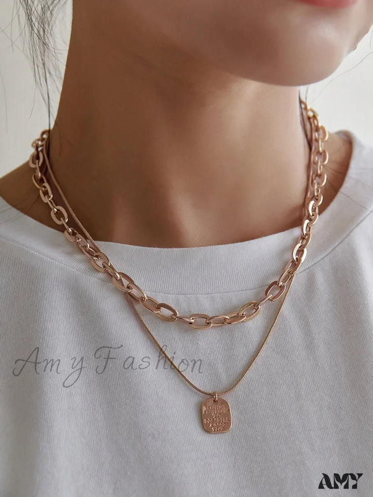 Square Pendant Layered Necklace Rose Gold / One-Size