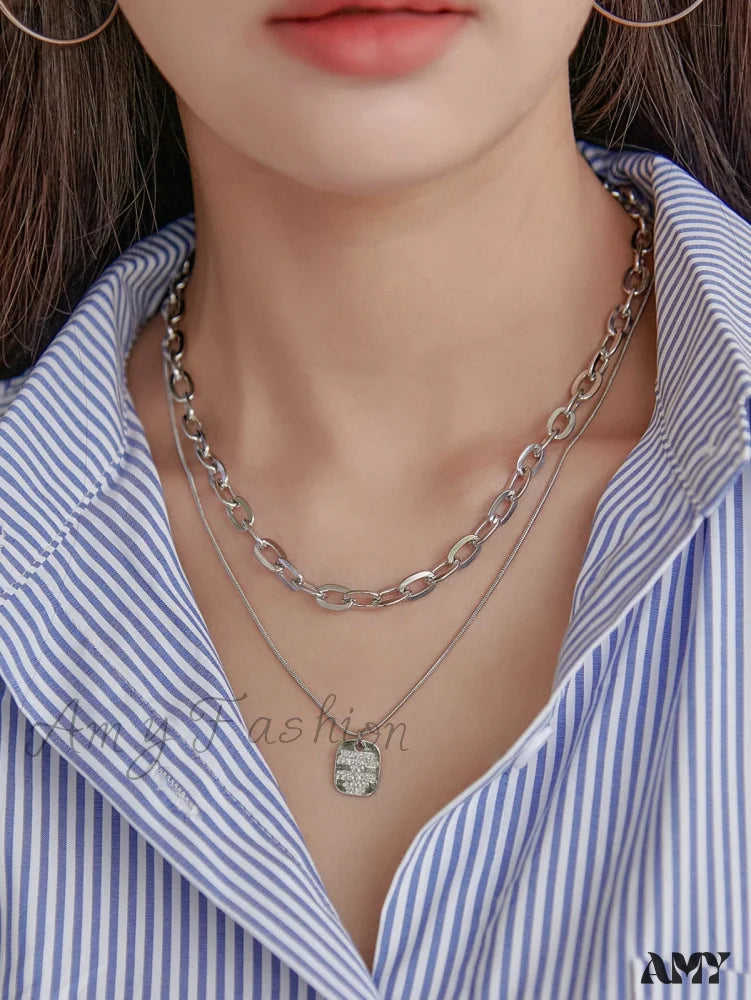 Square Pendant Layered Necklace Silver / One-Size