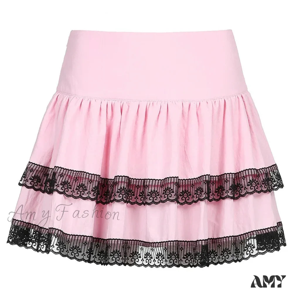 Stitched Style Gothic Double Lace Pink Academy Vintage Skirt New Pink / S