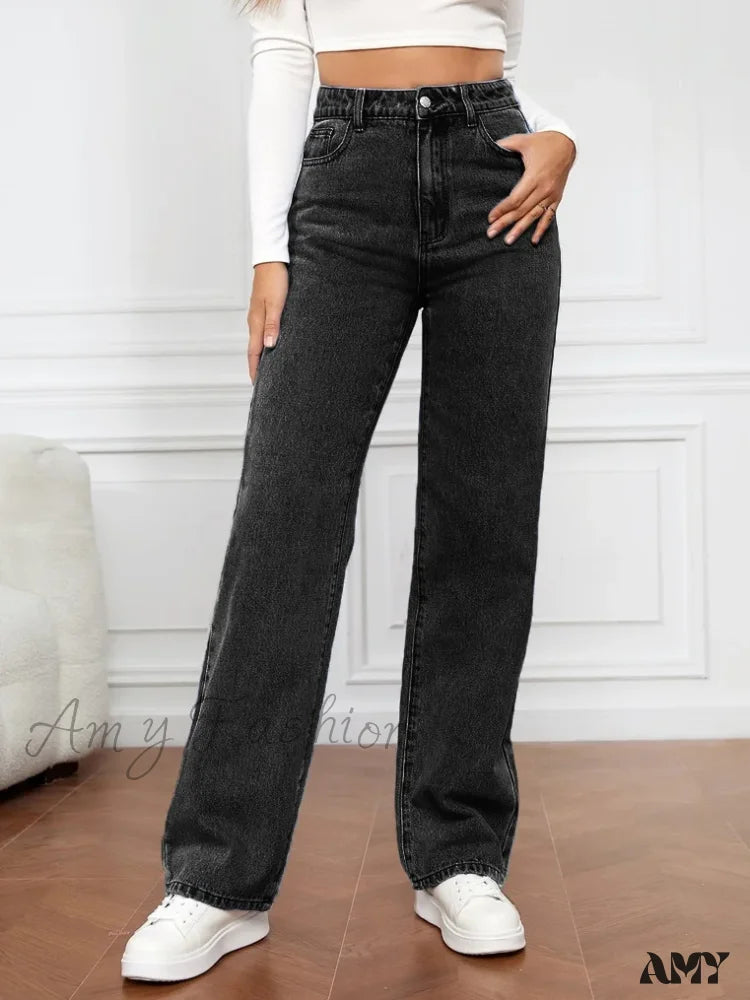 Straight High Waist Vintage Basic Ankle Length Denim Y2K New Washed Pockets Chic Jean Black / S