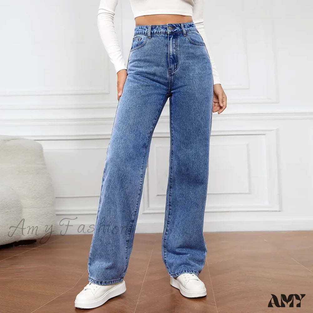 Straight High Waist Vintage Basic Ankle Length Denim Y2K New Washed Pockets Chic Jean Blue / S