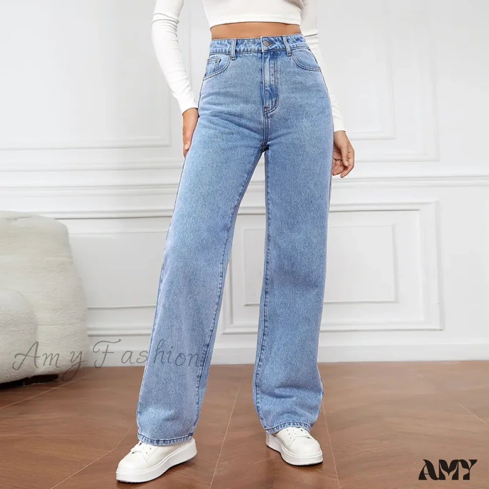 Straight High Waist Vintage Basic Ankle Length Denim Y2K New Washed Pockets Chic Jean Light Blue / S