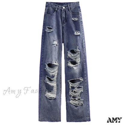 Street Style Hip Hop Ripped Jeans Blue / S-40Kg--45Kg