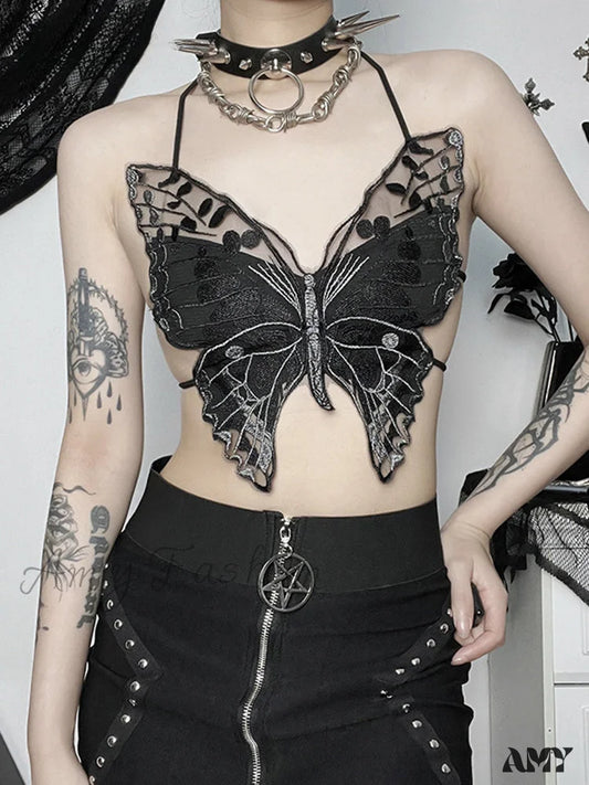 Streetwear Butterfly Top Hollow Out Gothic Backless Crop Lace Summer