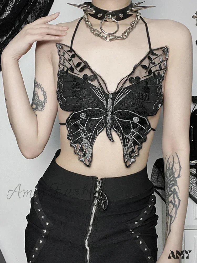 Streetwear Butterfly Top Hollow Out Gothic Backless Crop Lace Summer