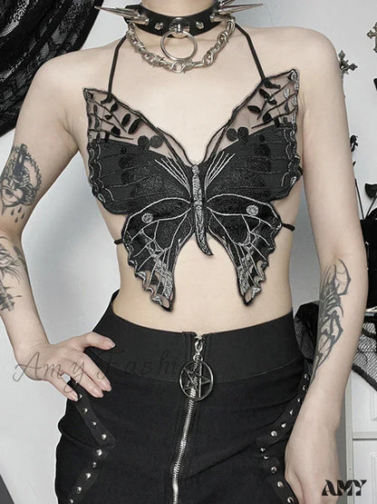 Streetwear Butterfly Top Hollow Out Gothic Backless Crop Lace Summer