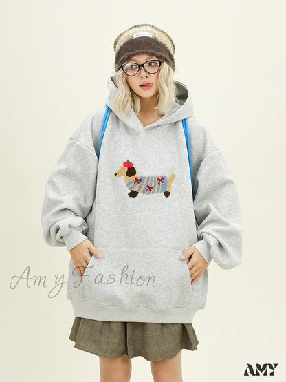 Streetwear Casual Loose Autumn Winter Cartoon Embroidery Hoodie Gray / S