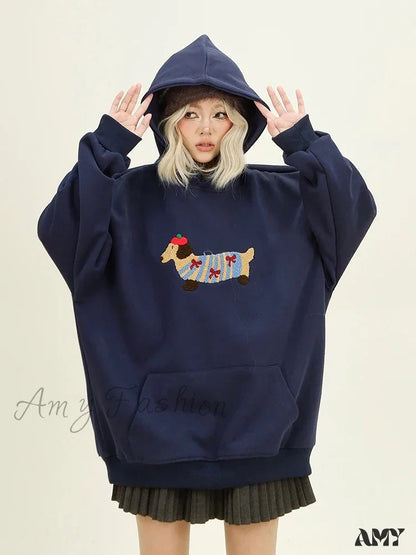 Streetwear Casual Loose Autumn Winter Cartoon Embroidery Hoodie Navy Blue / S