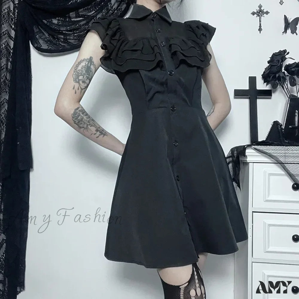 Streetwear Gothic Black Patchwork Slim E-Girl Mesh Sexy Party Harajuku Grunge Mall A-Line Dress