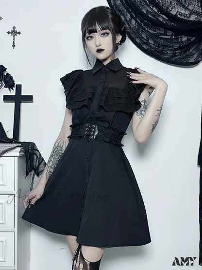 Streetwear Gothic Black Patchwork Slim E-Girl Mesh Sexy Party Harajuku Grunge Mall A-Line Dress