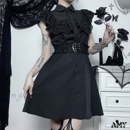 Streetwear Gothic Black Patchwork Slim E-Girl Mesh Sexy Party Harajuku Grunge Mall A-Line Dress