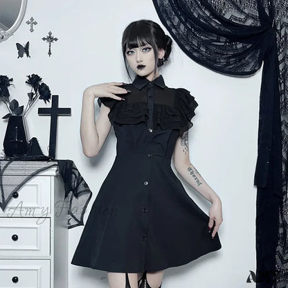 Streetwear Gothic Black Patchwork Slim E-Girl Mesh Sexy Party Harajuku Grunge Mall A-Line Dress