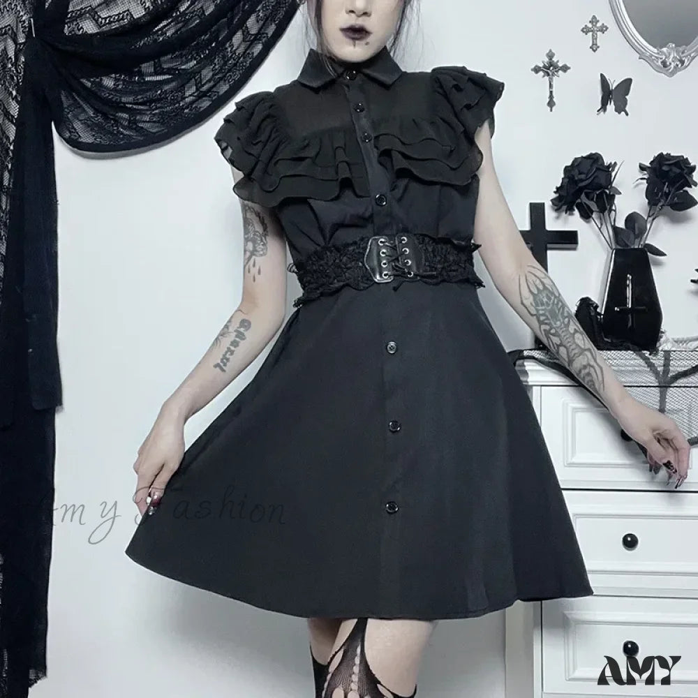 Streetwear Gothic Black Patchwork Slim E-Girl Mesh Sexy Party Harajuku Grunge Mall A-Line Dress