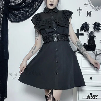 Streetwear Gothic Black Patchwork Slim E-Girl Mesh Sexy Party Harajuku Grunge Mall A-Line Dress