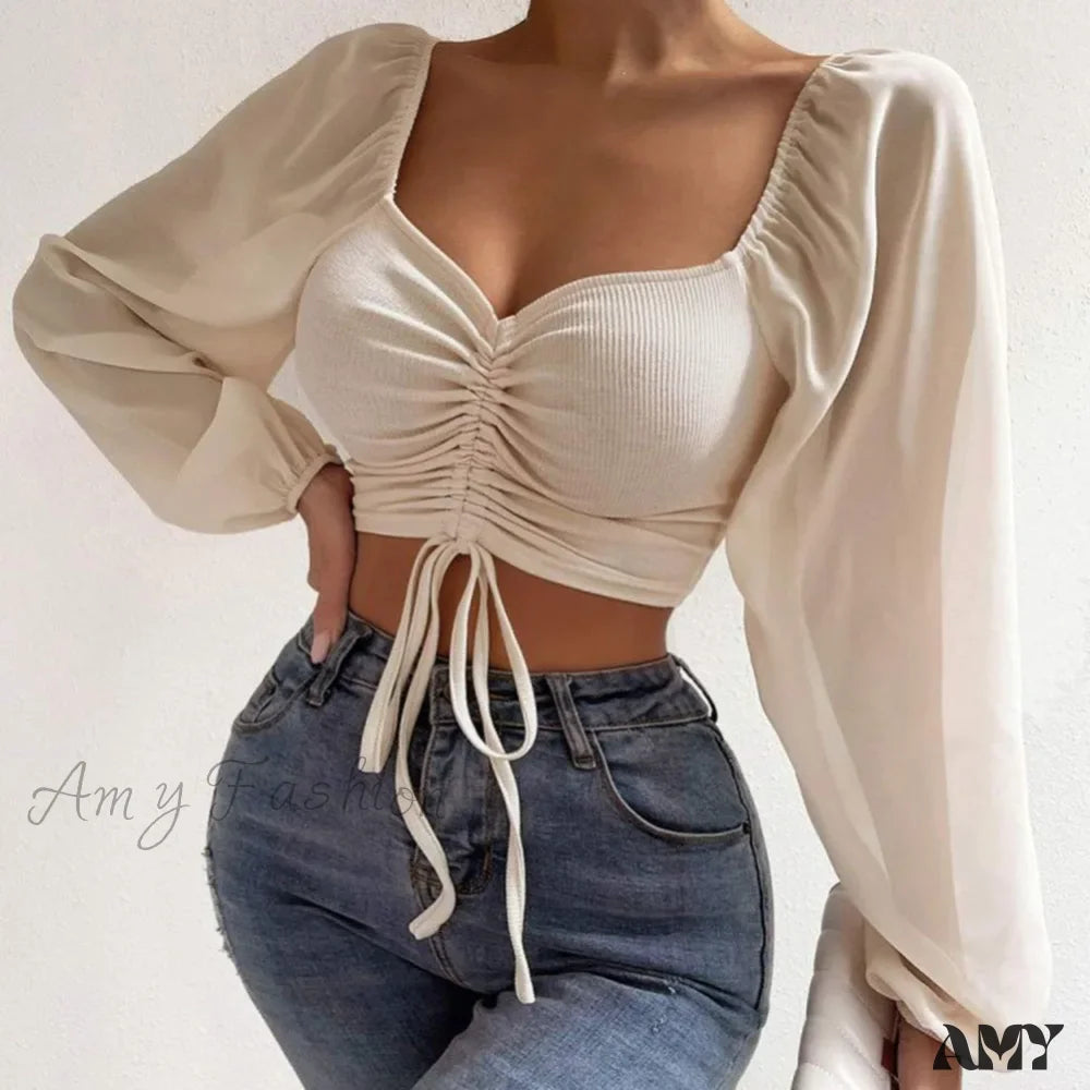 Streetwear Harajuku Sexy Crop Top Trends Long Sleeve Blouse Apricot / S