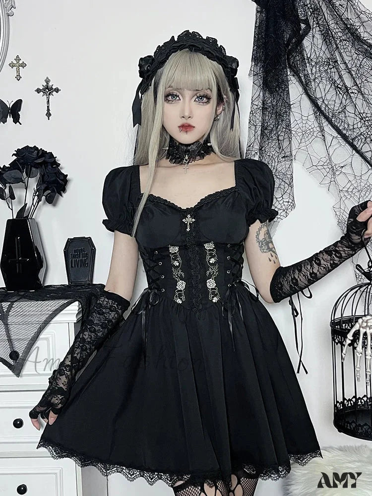 Streetwear Harajuku Y2K A-Line Summer Dress Grunge Swing Lolita Retro Lace Trim Hem Pleated Black /