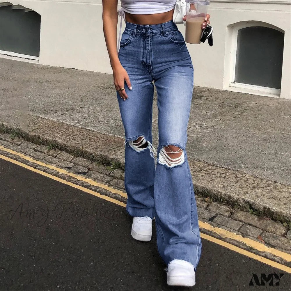 Streetwear Hollow Out Ripped Ragged High Waist Solid Color Retro Wide Leg Y2K Flare Jean