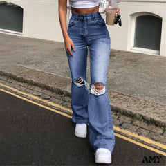 Streetwear Hollow Out Ripped Ragged High Waist Solid Color Retro Wide Leg Y2K Flare Jean