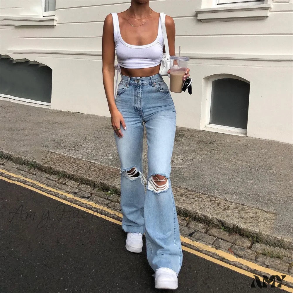 Streetwear Hollow Out Ripped Ragged High Waist Solid Color Retro Wide Leg Y2K Flare Jean