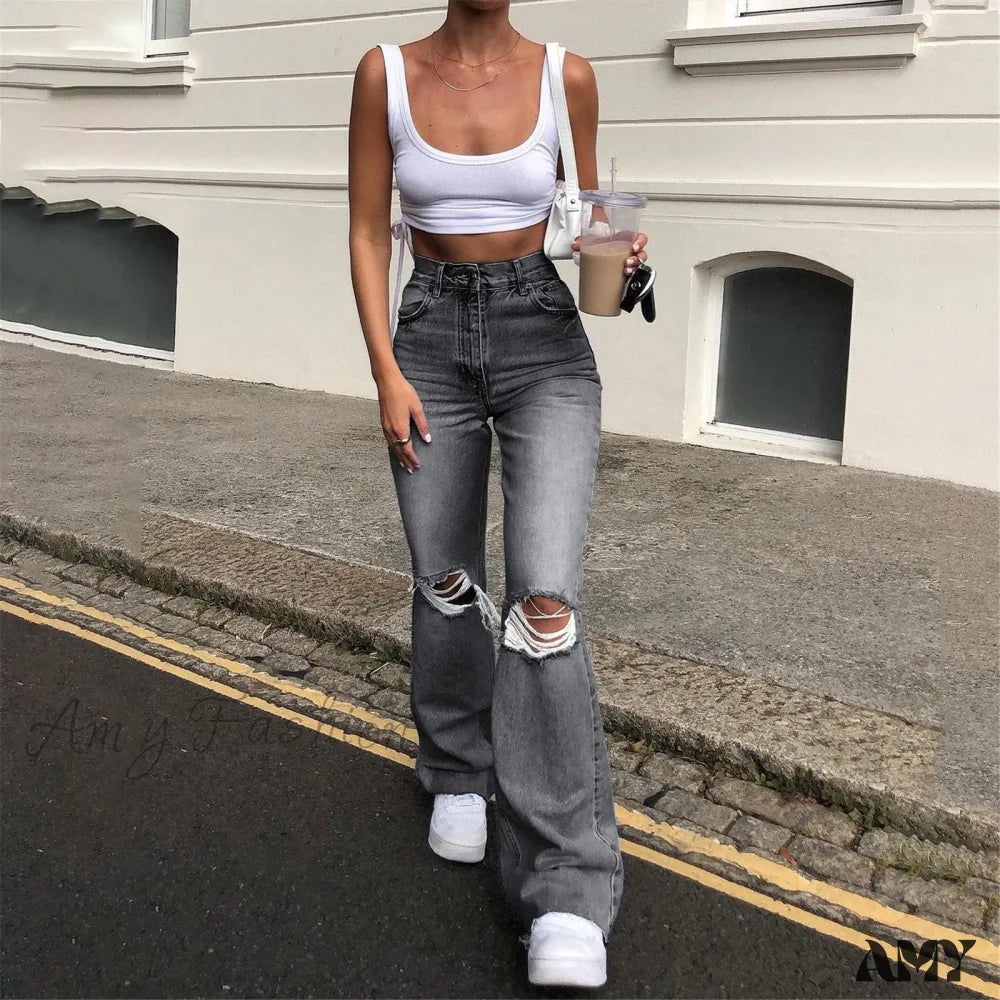 Streetwear Hollow Out Ripped Ragged High Waist Solid Color Retro Wide Leg Y2K Flare Jean