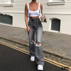 Streetwear Hollow Out Ripped Ragged High Waist Solid Color Retro Wide Leg Y2K Flare Jean