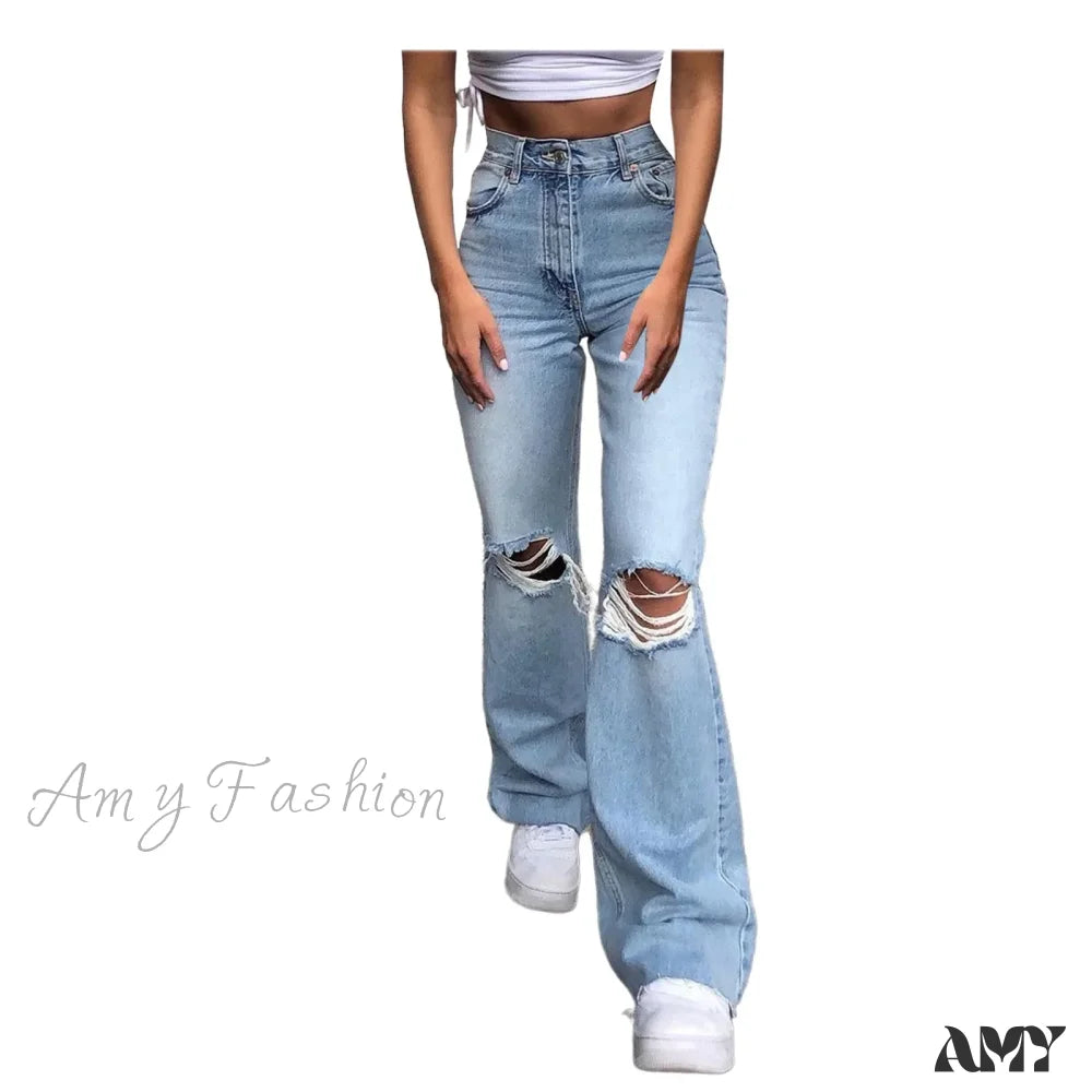 Streetwear Hollow Out Ripped Ragged High Waist Solid Color Retro Wide Leg Y2K Flare Jean Blue / S