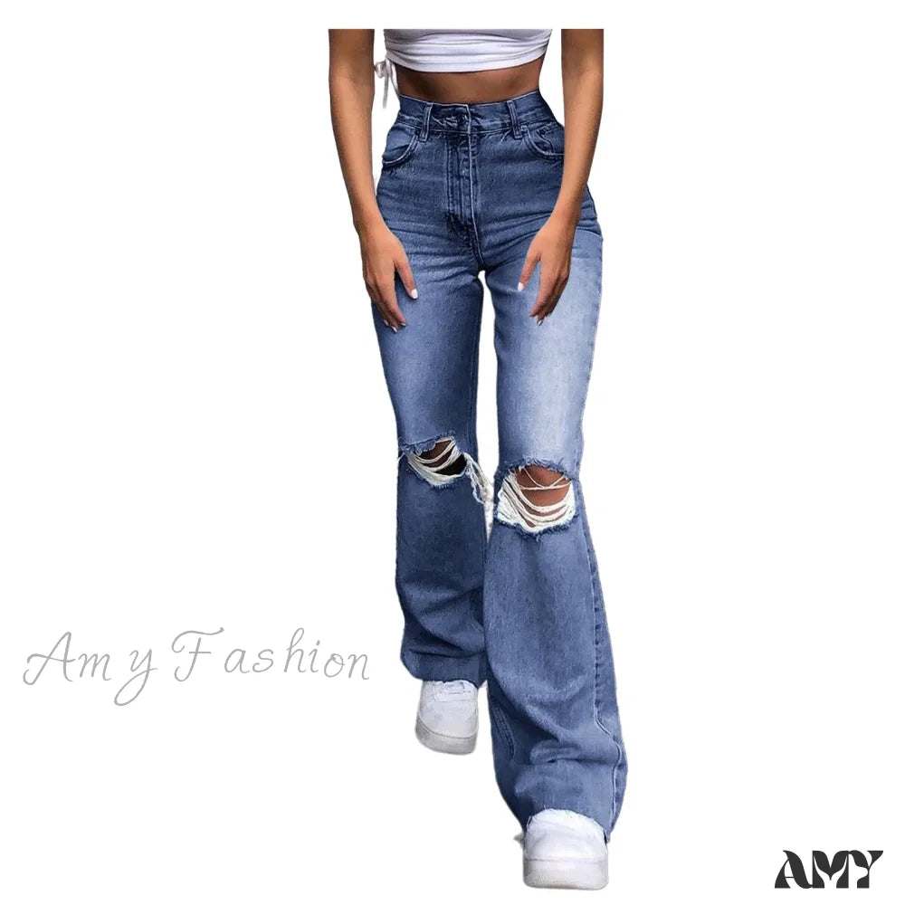 Streetwear Hollow Out Ripped Ragged High Waist Solid Color Retro Wide Leg Y2K Flare Jean Dark Blue