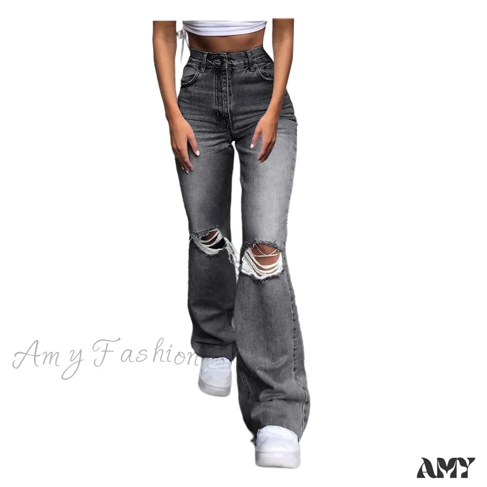 Streetwear Hollow Out Ripped Ragged High Waist Solid Color Retro Wide Leg Y2K Flare Jean Gray / S