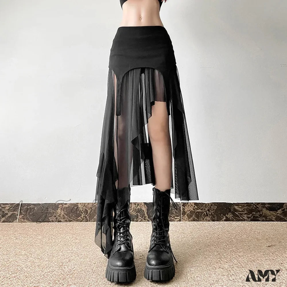 Streetwear Irregular Cyber Mesh Y2K Fashion Hem Alt Goth Patchwork Skirt Mid Harajuku Club