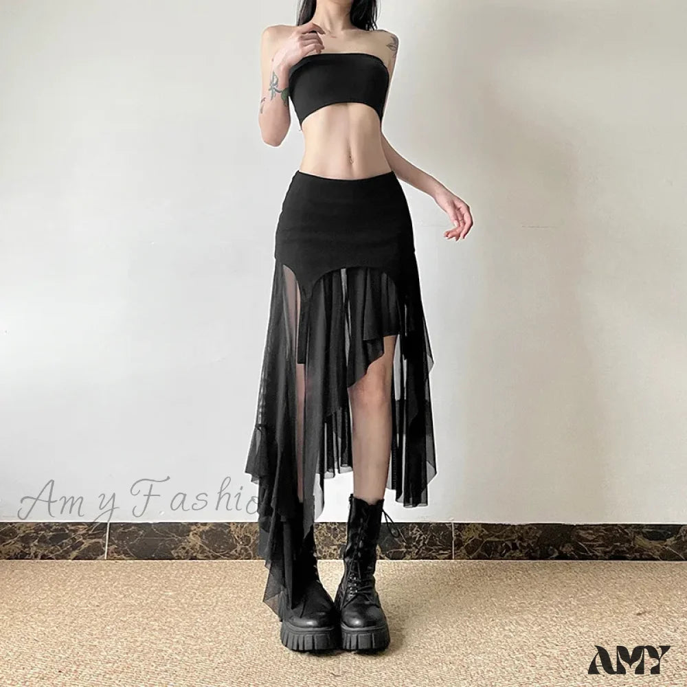 Streetwear Irregular Cyber Mesh Y2K Fashion Hem Alt Goth Patchwork Skirt Mid Harajuku Club