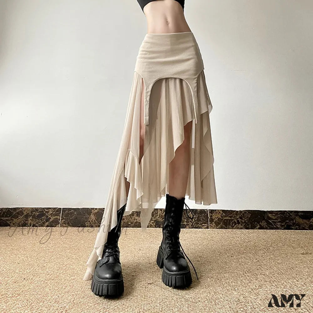 Streetwear Irregular Cyber Mesh Y2K Fashion Hem Alt Goth Patchwork Skirt Mid Harajuku Club