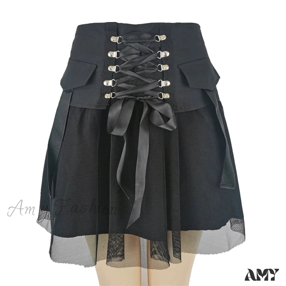 Streetwear Y2K Straps Female Vintage Waist High Summer Black Mesh Skirt Harajuku Style Sexy Dark