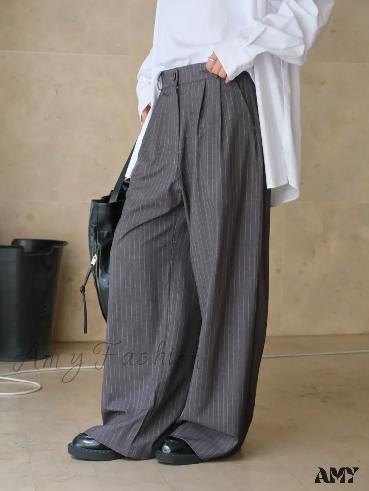 Striped High Waist Loose Spring Autumn Casual Pants Dark Grey / S