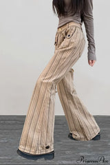 Striped Khaki Low Waist Slim Flared Jeans